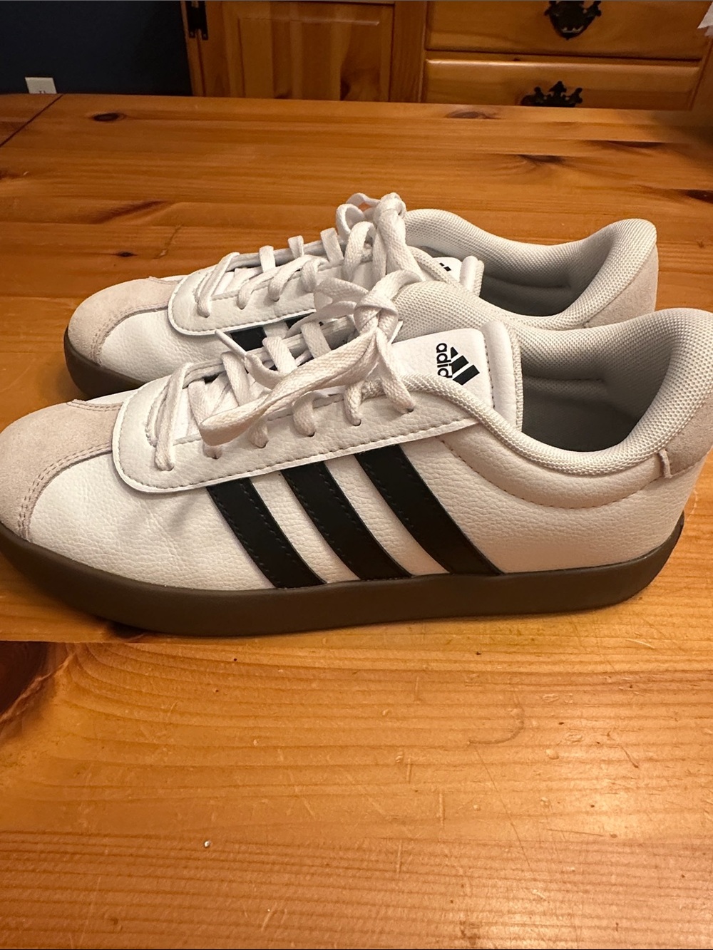 adidas White Sneakers with Black Stripes and Gum Sole